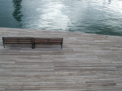 barcelona, bench, boardwalk, furniture, landing stage, ocean, pontoon