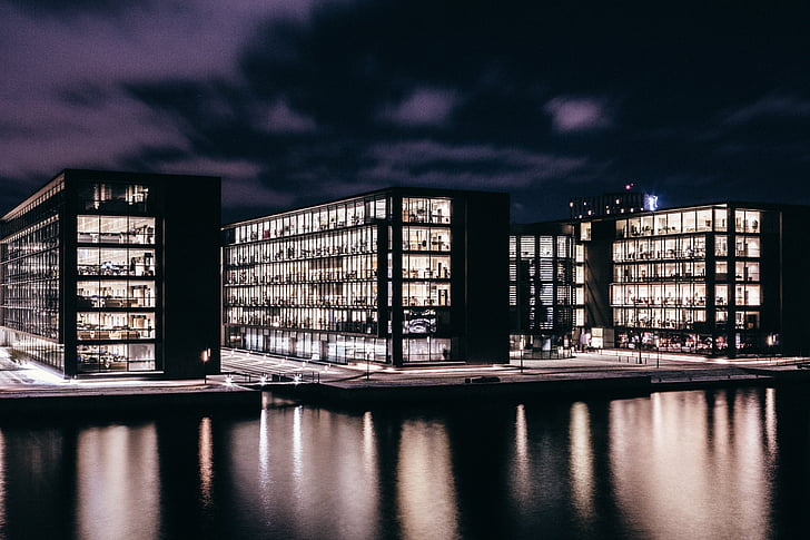 Kodaň, Dánsko, budovy, Architektúra, Panoráma mesta, noc, Nočná obloha
