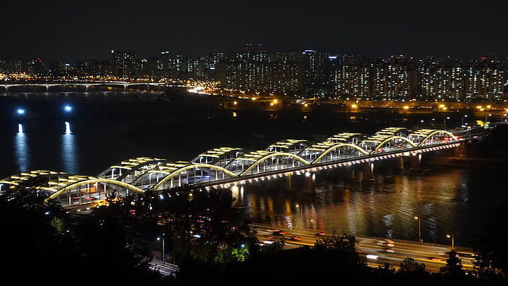 Seulas, vaizdas naktį, Han upė, Han tiltas, tiltas, nakties fotografija, Naktinis peizažas