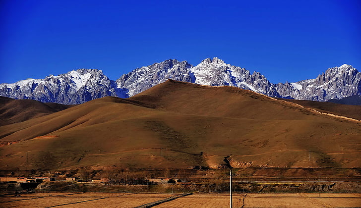 Snow mountain, græsarealer, Qilian bjerge, Mountain, natur, sne, landskab