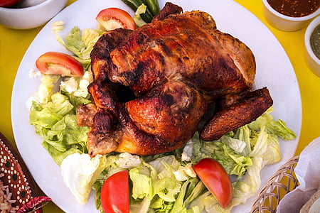chicken, roasting, food, salad, dish, restaurant, tomato