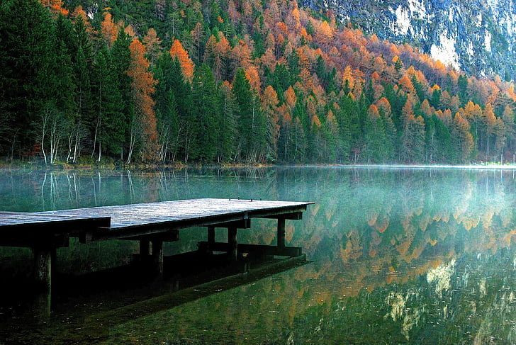 jeseň, rieka, výhľadom na jazero, scénické, Pier, vody, stromy