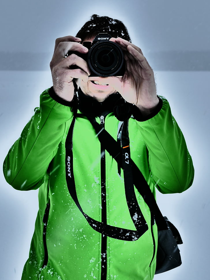 фотограф, снимка, сняг, зимни, яке, светло зелено