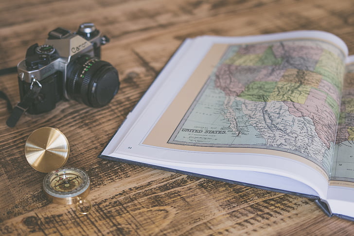 kirja, kartta, maantiede, kompassi, matkustaa, kamera, valokuvaus
