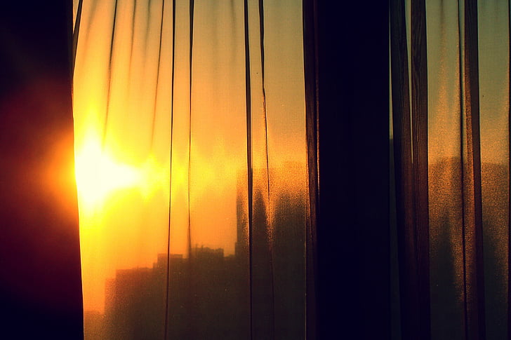 sol, tulle, janela, pôr do sol, cortinas, atmosfera, amarelo