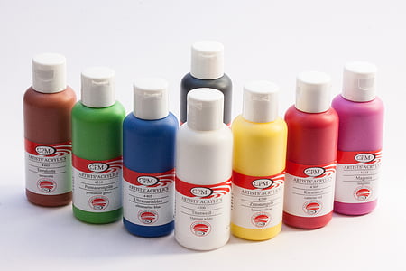 Akryl maling, farge, flasker, fargerike, hvit, gul, rød
