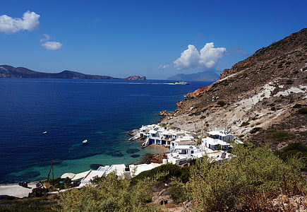 Rodyti, žalia, mėlyna, jūra, kalnai, senas kaimas, Graikija