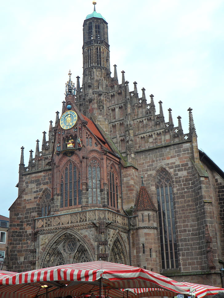 sebaldskirche, trhu, slnečníky na trhu, kostol, Norimberg, staré mesto, trhový deň