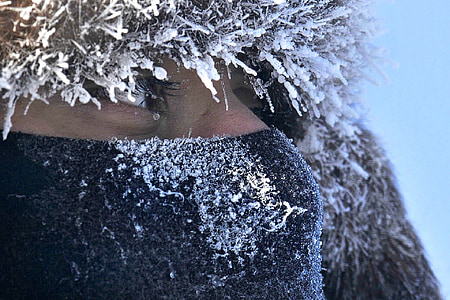 nő, közelről, portré, arc, hideg, jég, szemét