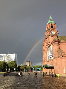 rautatieasema, keskusasema, Wiesbaden, Rheingau, liikenne, Rainbow, hiekka kivi
