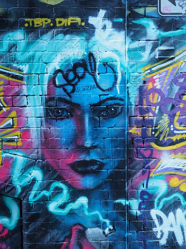 graffiti, Melbourne-ben, arc, laneway, utca, sikátor, ifjúsági
