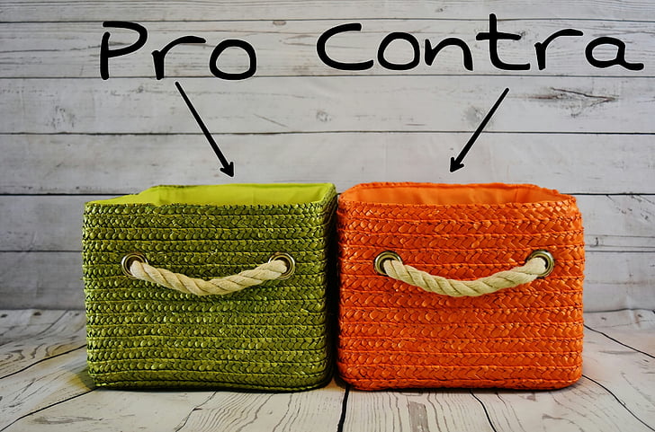 pros and cons, weigh, compare, baskets, two, green, orange