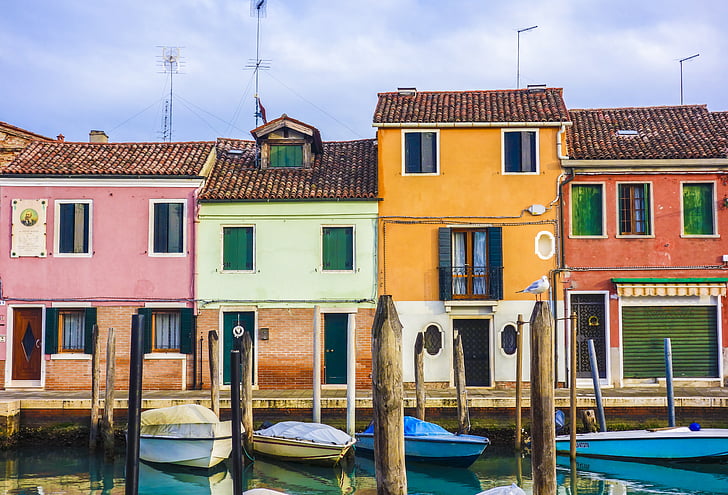 färgglada hus, bostäder, båtar, Venedig, Murano, fönster, färgglada