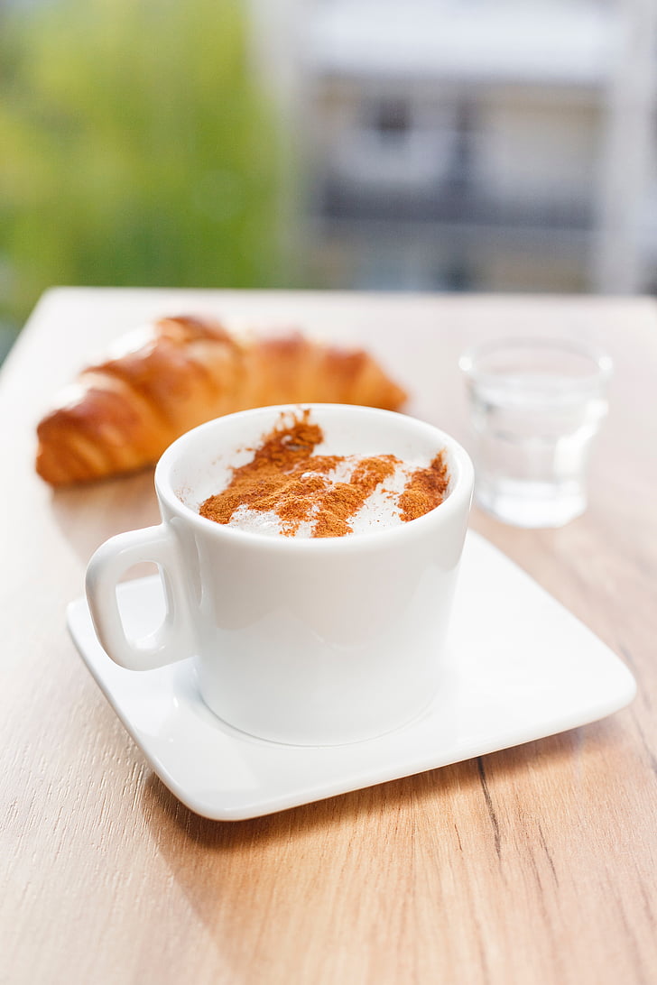 croissant, bread, food, snack, coffee, cafe, glass