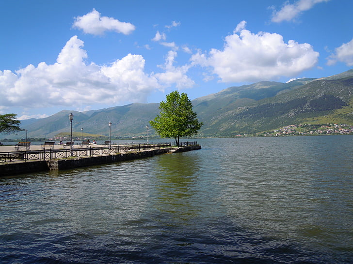 Pamvotis lake, Lake, boom, Bergen, hemel, wolken, landschap