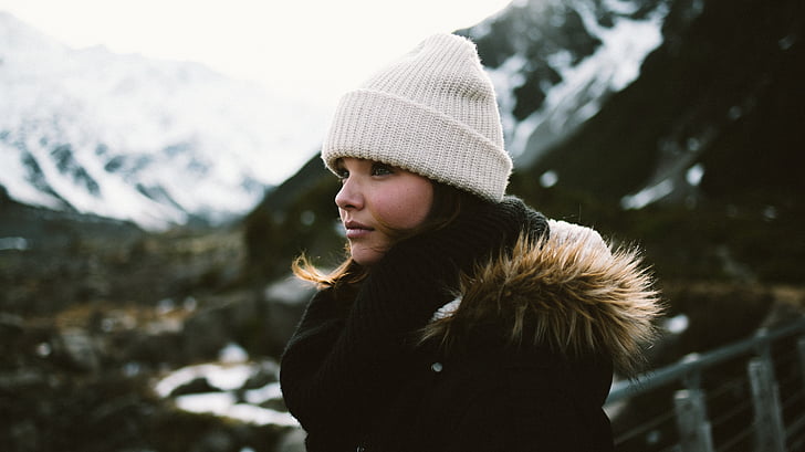 woman, looking, parka, hat, mountains, adult, female