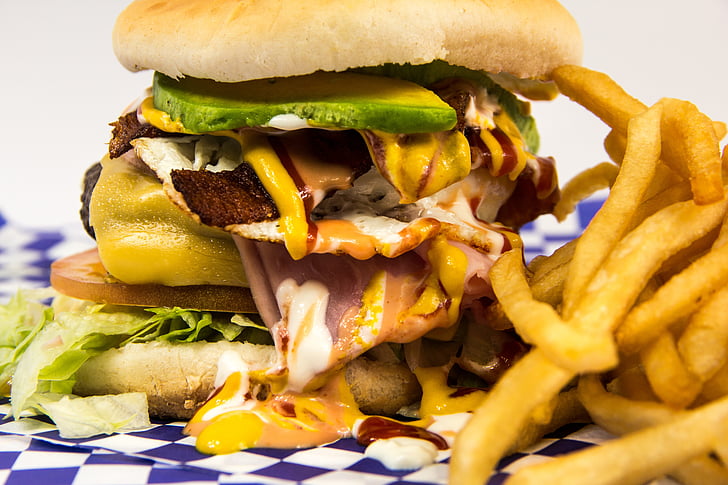 Hamburger, pēda, Bürger, holesterīns, izvēlne, cepts, ātrās ēdināšanas