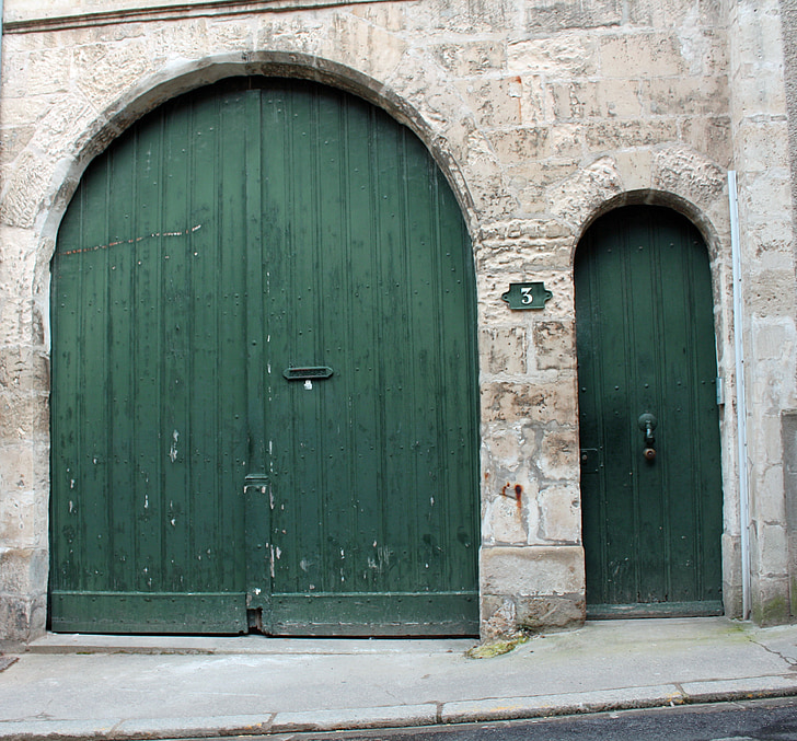 zelena, vrata, vhodi, starodavne, stari, obokan, loki
