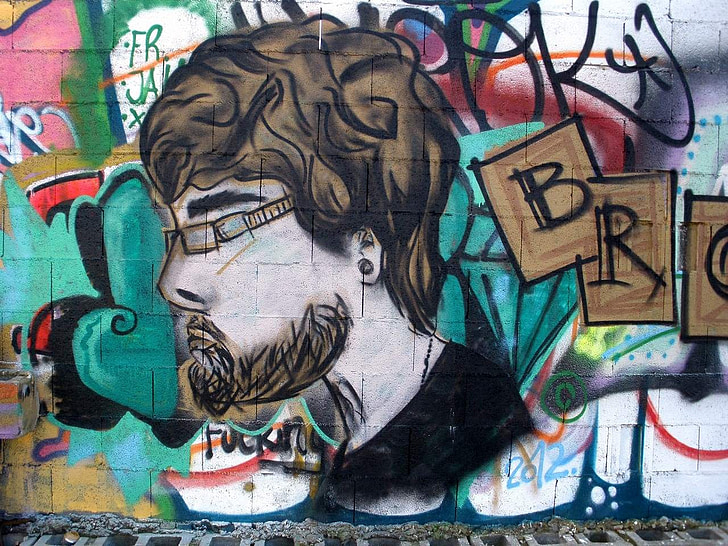 graffiti, Bilbao, Deusto, profil, mand, skæg, vægmaleri