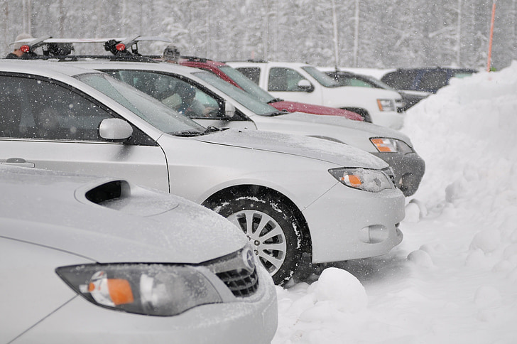 autot, lumi, talvi, matkustaa, auto, ulkopuolella, puut
