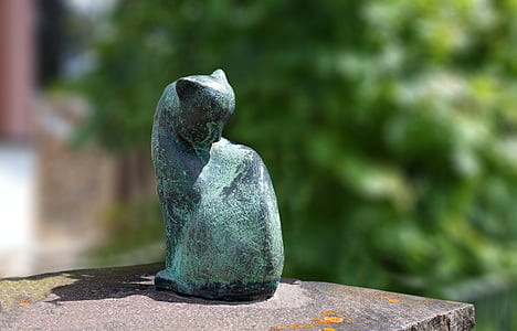 cat from stone, sculpture, figure, art, craft, garden, bush