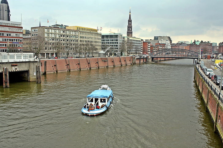 uosto kruizas, boatrent, Hamburgas, Speicherstadt, St Kotrynos bažnyčia, laivyno, pristatymas