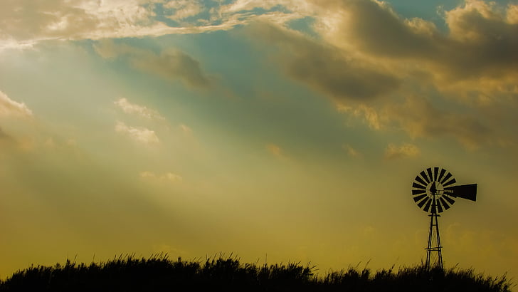 moinho de vento, à tarde, céu, nuvens, pôr do sol, zona rural, Chipre