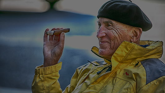 man, cigar, yellow, adult, smoking, person, hat
