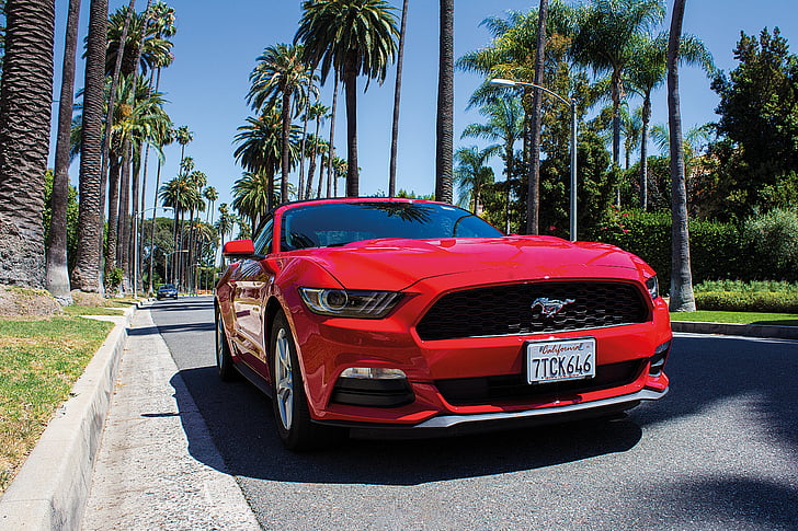convertible, mustang de Ford, Beverly hills, rouge, Mustang, palmiers, Los angeles