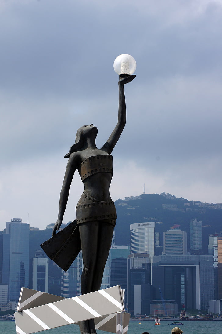 stadsgezicht, Hong kong skyline, skyline, Chinees, het platform, haven, hemel