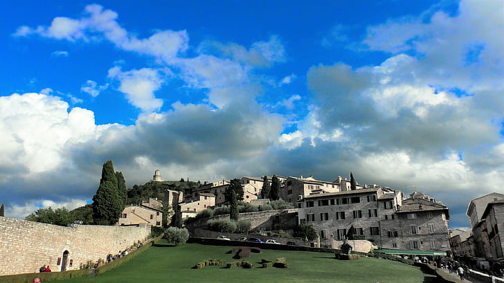italy, assisi, architecture, church, catholic, sky, clouds