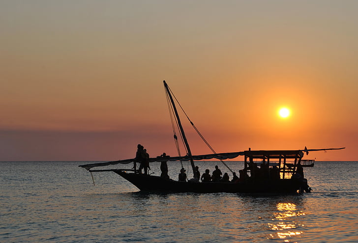 Zanzibar, Tanzania, kusten, ön, solnedgång, Afrika, Boot