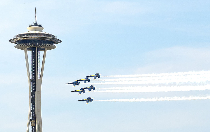 Navy blue angels, Seattle, samolot, wieży Space needle, Praca zespołowa, akrobacyjne, wojskowe