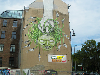 hauswand, graffiti, Köln, Medusa, ház homlokzata, jel