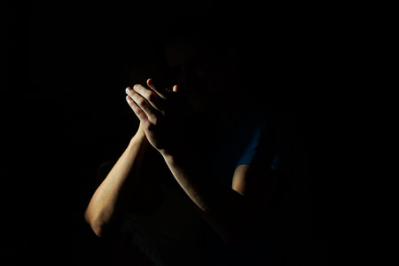 klapací, rukama, stín, špatné, světlo, modlit se, ženy