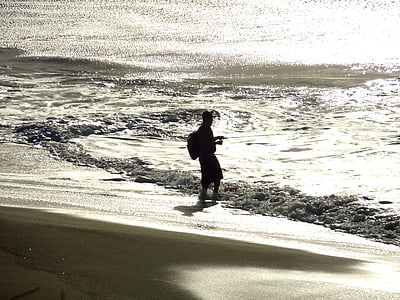 fisherman, beach, surf, sea, water, sunset, silhouette
