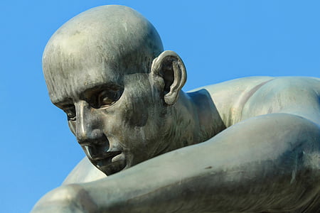 escultura, cabeza, cara, bronce, estatua de, atmosférica, hombre