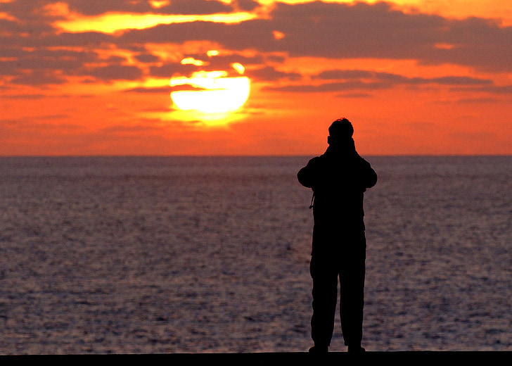 figura solitària, coberta de vol, portaavions, posta de sol, Mar, oceà, militar