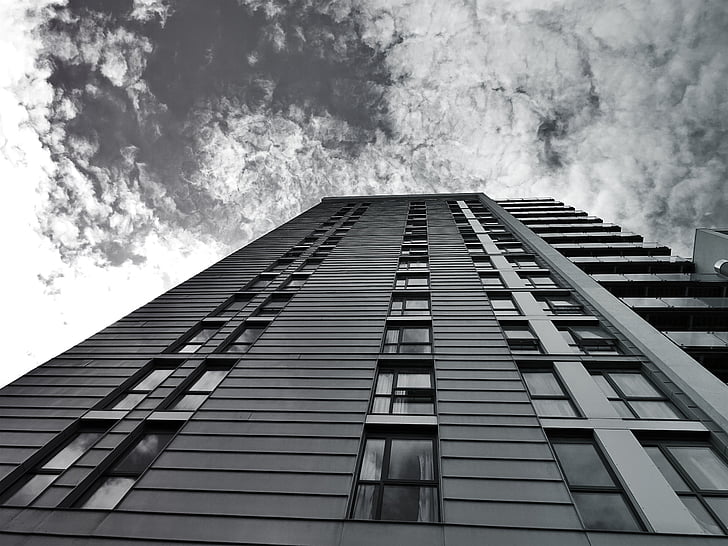 arkkitehtuuri, musta-valkoinen, rakennus, pilvet, ulkoa, futuristinen, lasi