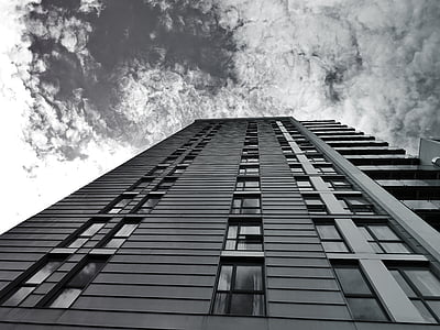 architettura, in bianco e nero, costruzione, nuvole, esterno, futuristico, vetro