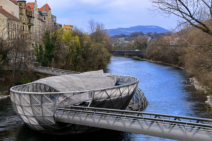Murinsel, Metal, mur, architecture, Graz, rivière, pont