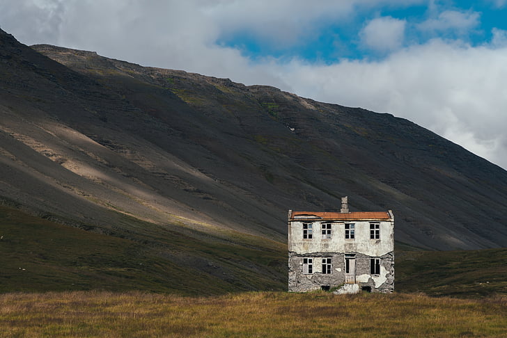 white, brown, house, beside, mountain, daytime, highland