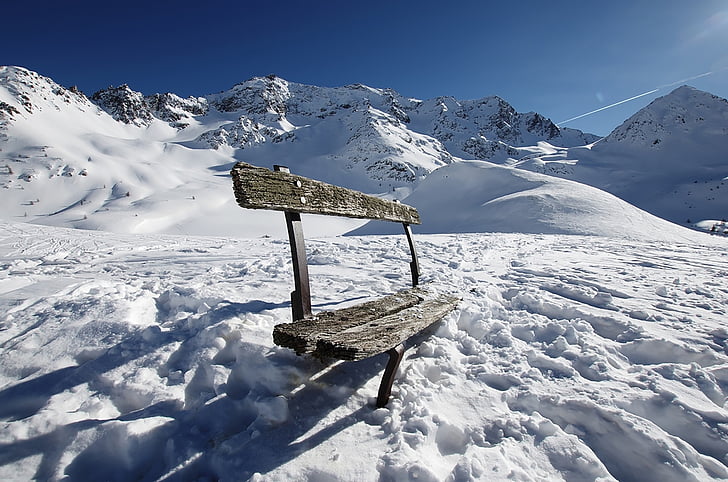 nature, landscape, snow, winters, bench, mountain, wood
