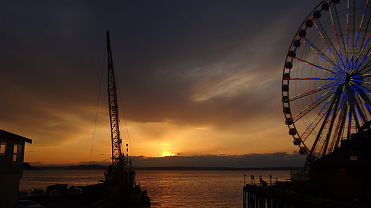 ferris wheel, boat, puget sound, seattle, sky, clouds, outdoors