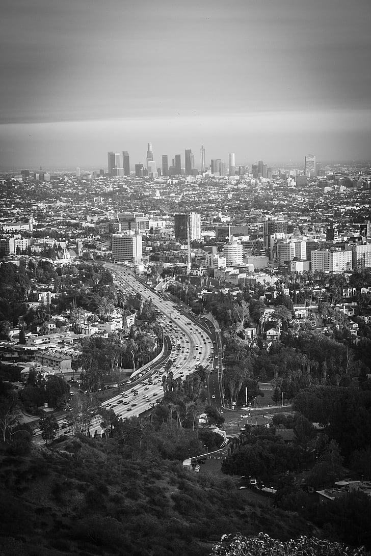 város, Los Angeles-i, Skyline, magas, szög, kilátás, építészet, utca-és városrészlet, szállítás