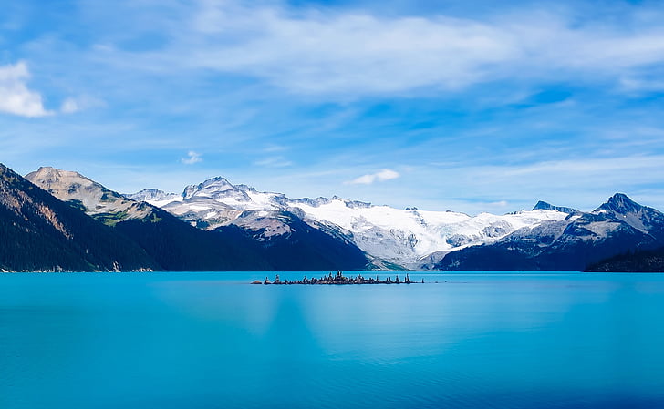 Garibaldi lake, vody, hory, Sky, oblaky, Ostrov, sneh