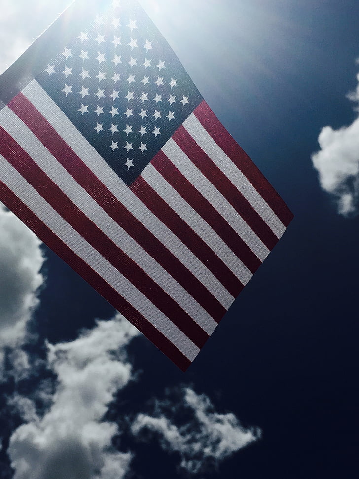 americký, vlajka, USA, Sky, Slnečné svetlo, oblaky, dom
