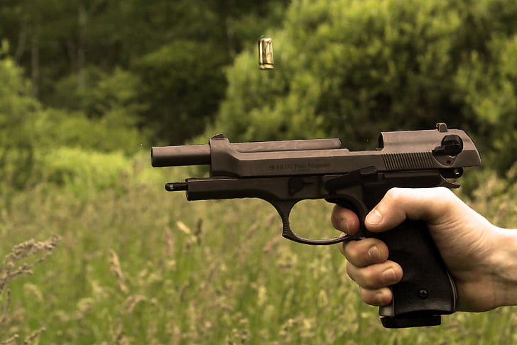 bullet, cartridge, grass, gun, hand, handgun, Pistol