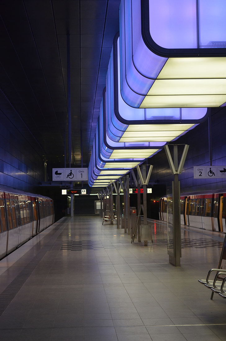 Tunnelbana, ljus, blå, transport, arkitektur, inomhus, Station
