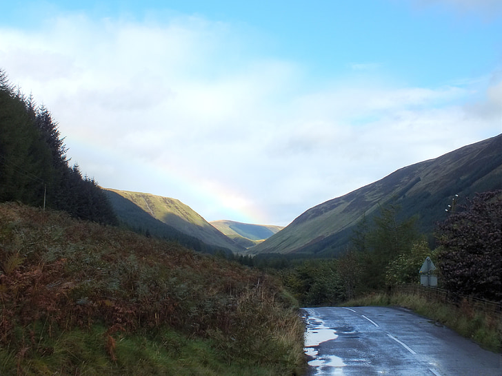 road, rain, rainbow, scotland, north scotland, uk nature